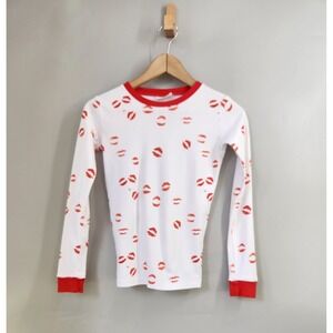 Kate Schelter x LAKE Pajama Top Kids 12 White Red Good Lip Print Pima Cotton